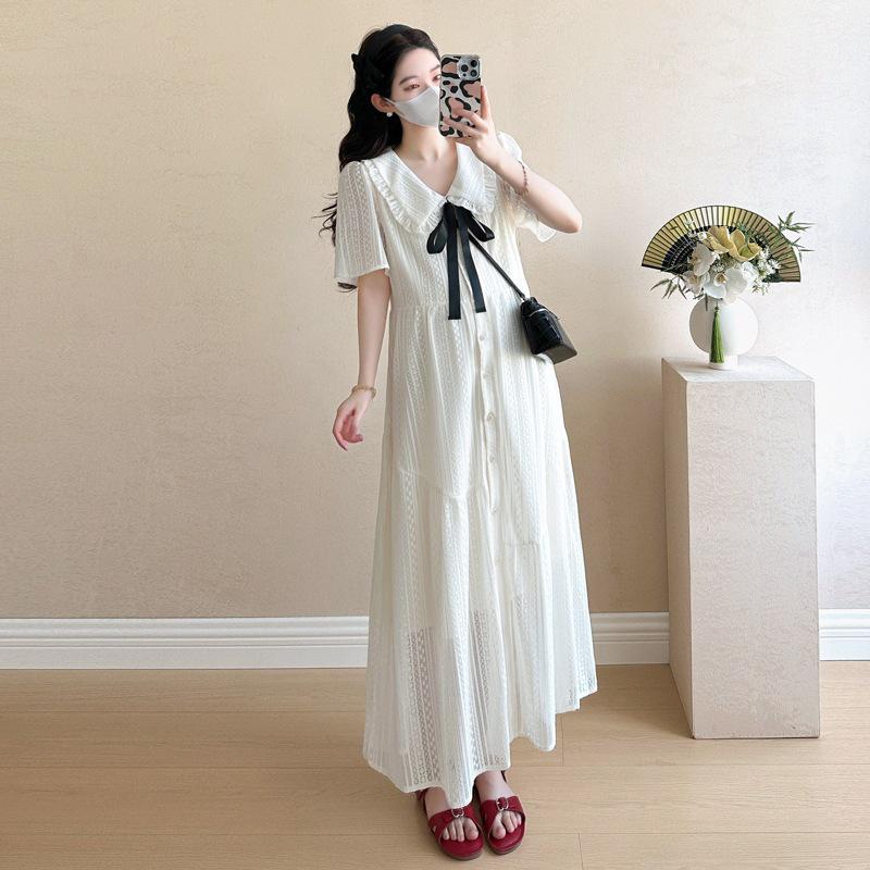French Academy Style White Doll Collar Maternity Dress - Loose, Slimming, Age-Reducing, Long, Summer 2026 M