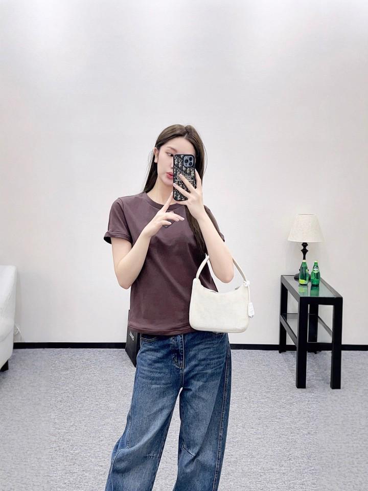 26 Early Spring High-Quality Underwire Short-Sleeve Triangle Logo Slimming Cotton T-Shirt - White Trendy Brand