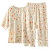 Women's summer pajamas sweet floral cotton yarn short-sleeved cropped pants round neck thin loose and can be worn outside the home