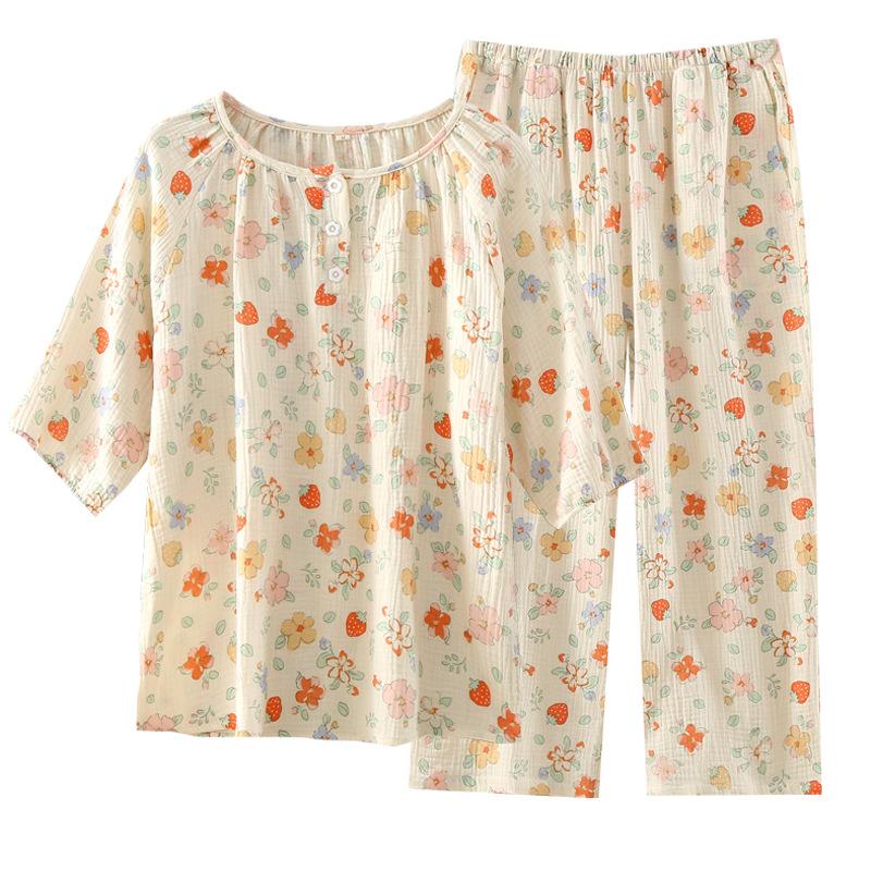 Women's summer pajamas sweet floral cotton yarn short-sleeved cropped pants round neck thin loose and can be worn outside the home