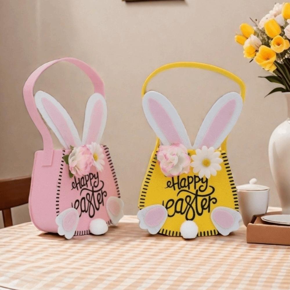 Rabbit Ear Easter Tote Bag Flowers Decoration Gift Bag Creative Easter Basket Family Party