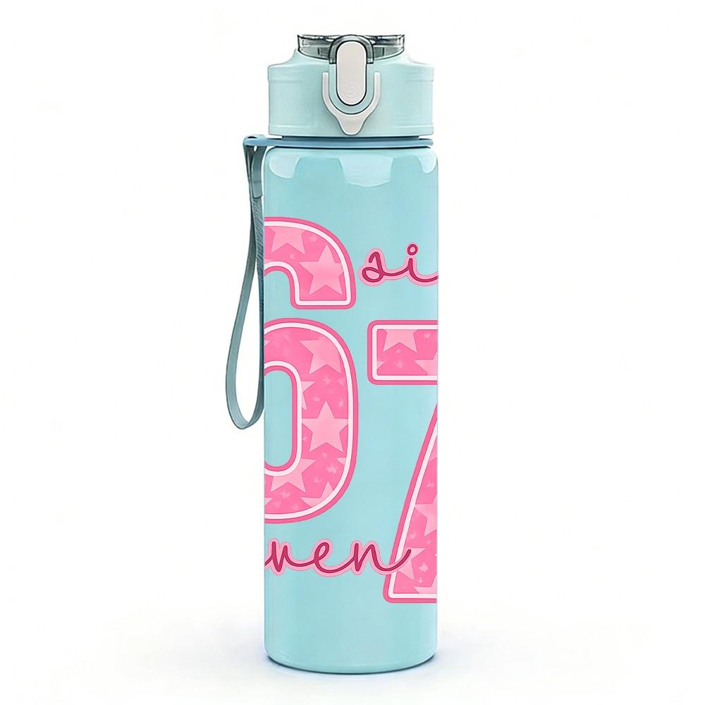 1PC Pink Number 67 Girly Text Print 750ml Color Plastic Sports Water Bottle Leakproof Flip Straw Lid Suitable for Sports Office Home Use
