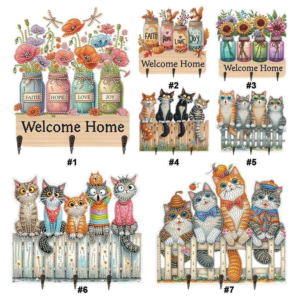 Wooden Funny Kitten Diamond Art Hanging Hooks Rhinestone Painting Coat Hook 3 Hooks Diamond Painting Hook Rail for Wall Cabinet