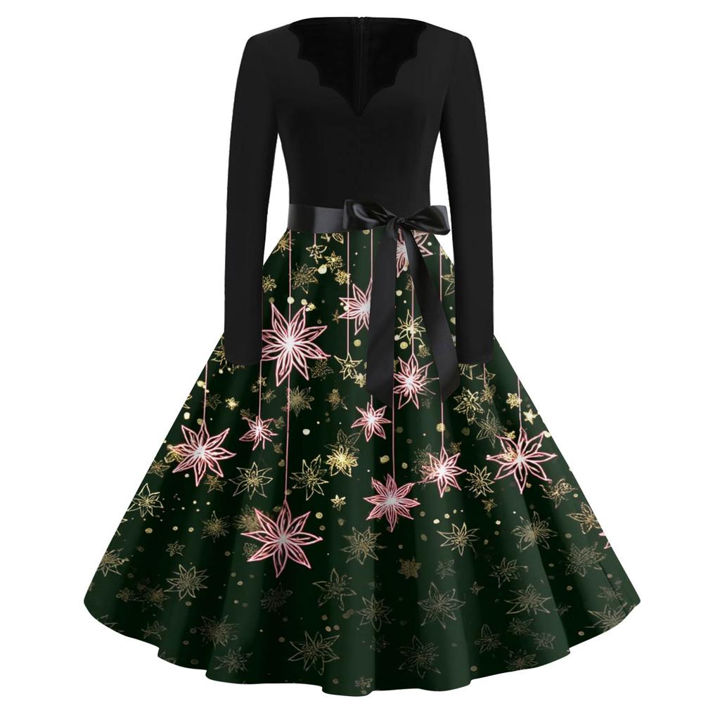 Vestido Feminino Moda Decote V Ajuste Relaxado Estampa de Natal Manga Longa