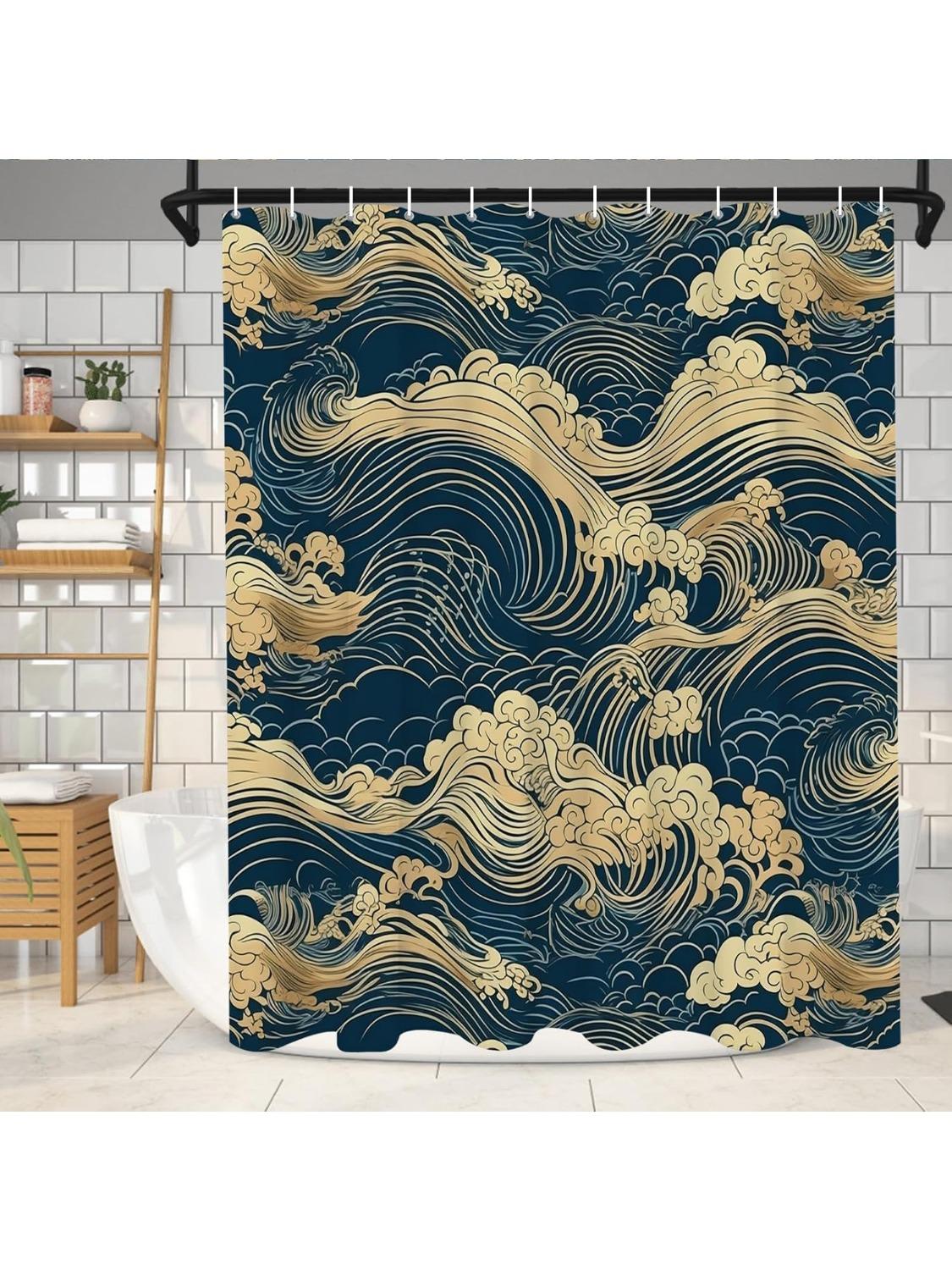 

Japanese Wave Shower Curtain Oriental Vintage Wave Monochrome Kanagawa Inspired Antique Art Theme Bathroom Decor Set Machine W60H190(CM)-1 Pcs