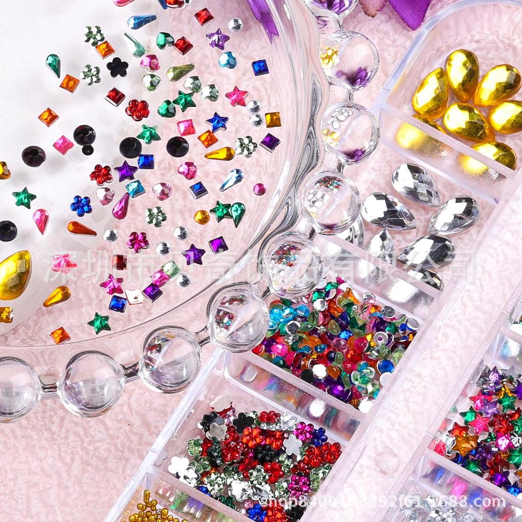 Flat-Bottom Irregular Rhinestones & Steel Beads Nail Art Set - 12-Grid Boxed Accessories