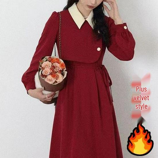 Plus Size French Velvet Campanula Two-Piece Autumn/Winter Dress - Waist-Cinched, Slimming Mid-Length.