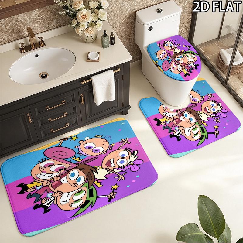 3pcs The Fairly OddParents Pattern Flannel Nonslip Absorbent Washable Decorative Bathroom Home Toilet Seat Cover Mat