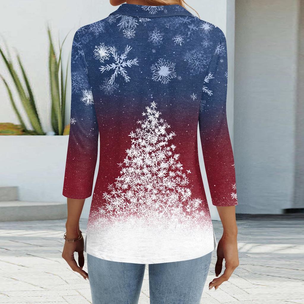 Mote dame casual revers kort 3/4 ermet juleprint skjorte dame knapp opp topper