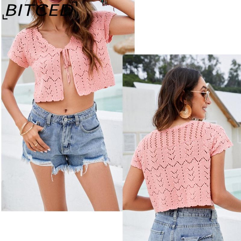 BITCED Spring/Summer Lace-Up Cropped Sexy Crop-Top Knit Cardigan Solid-Color Knit Short-Sleeve Outerwear