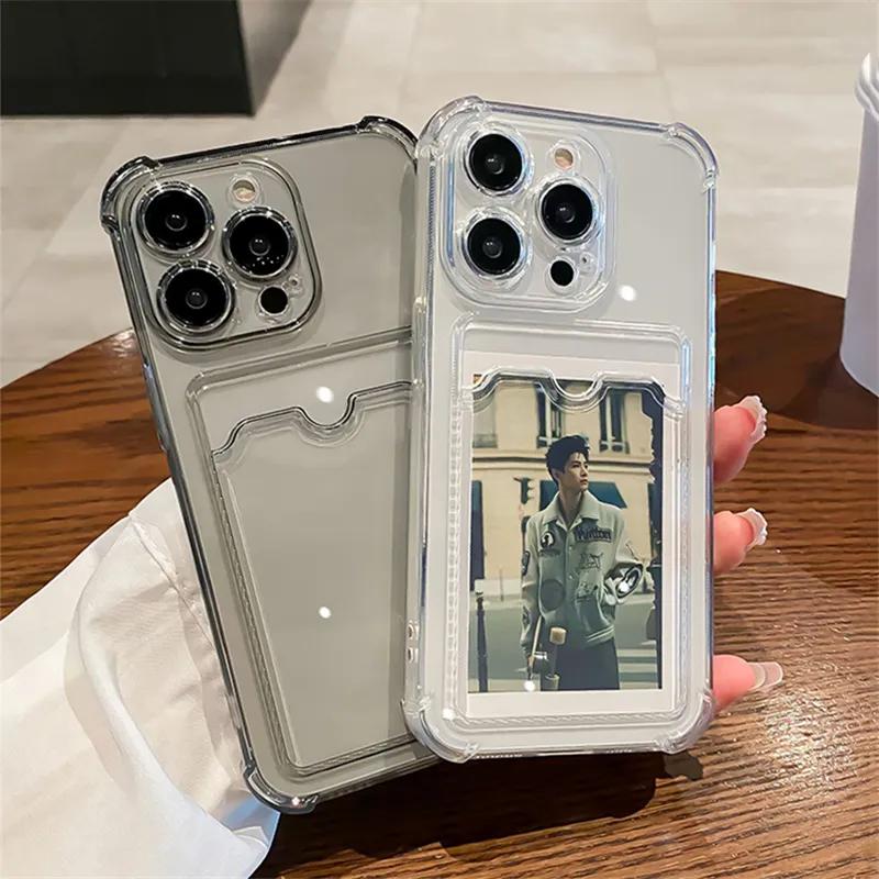 Průhledný silikonový kryt s držákem na karty pro iPhone 16 15 14 13 12 11 Pro Max XS XR 7 8 Plus, průhledná peněženka, nárazuvzdorný silikonový kryt
