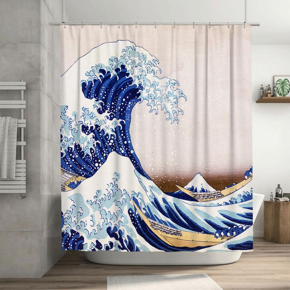 Oceaniskt mästerverk: Japansk konst Våg- och Fuji-bergsmönster Duschdraperi För en utsökt badrumsinredning