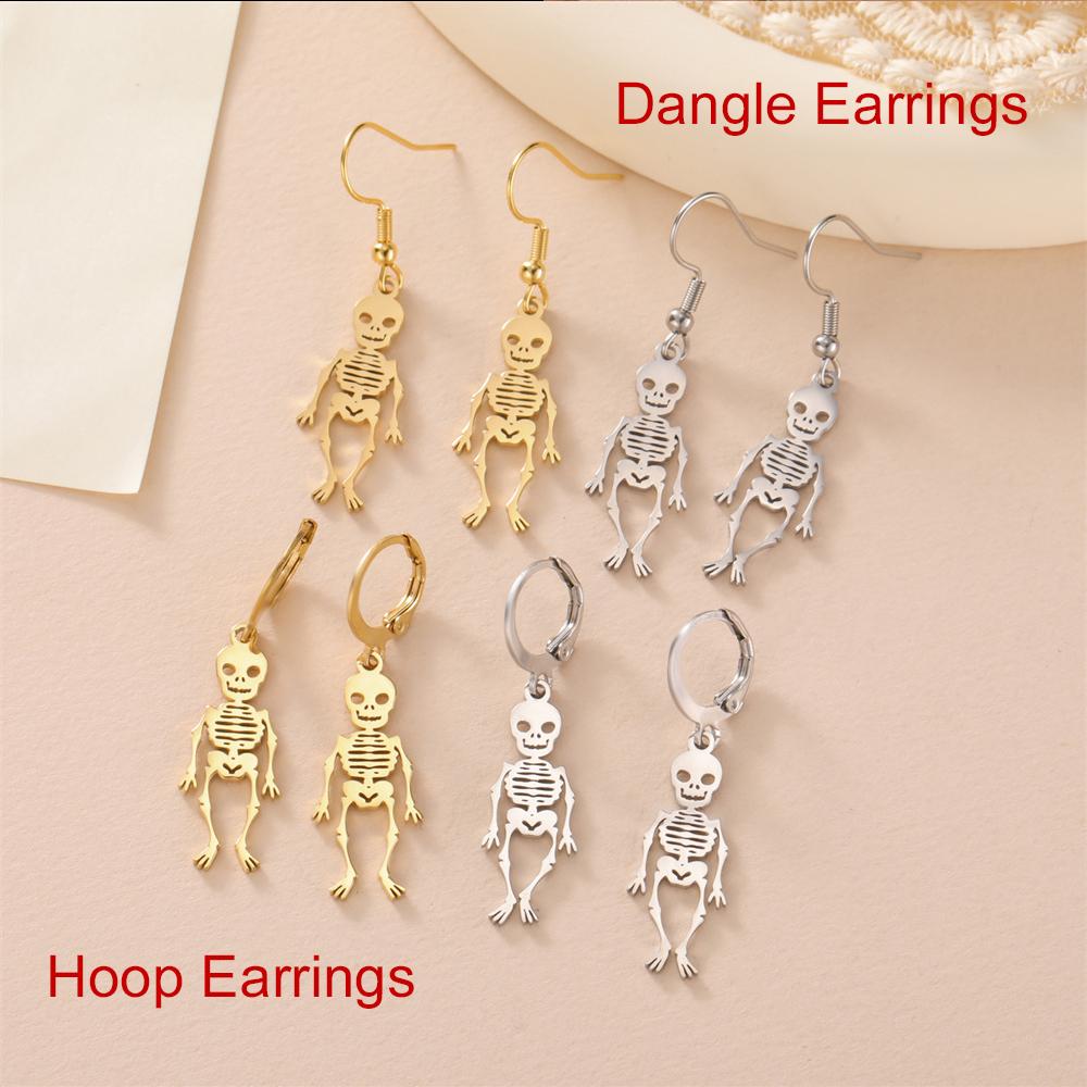 My Shape Halloween Skeleton Earrings Spooky Skull Drop Earrings Stainless Steel Dangle Earrings Costume Party Punk Goth Jewelry Steel Dangle