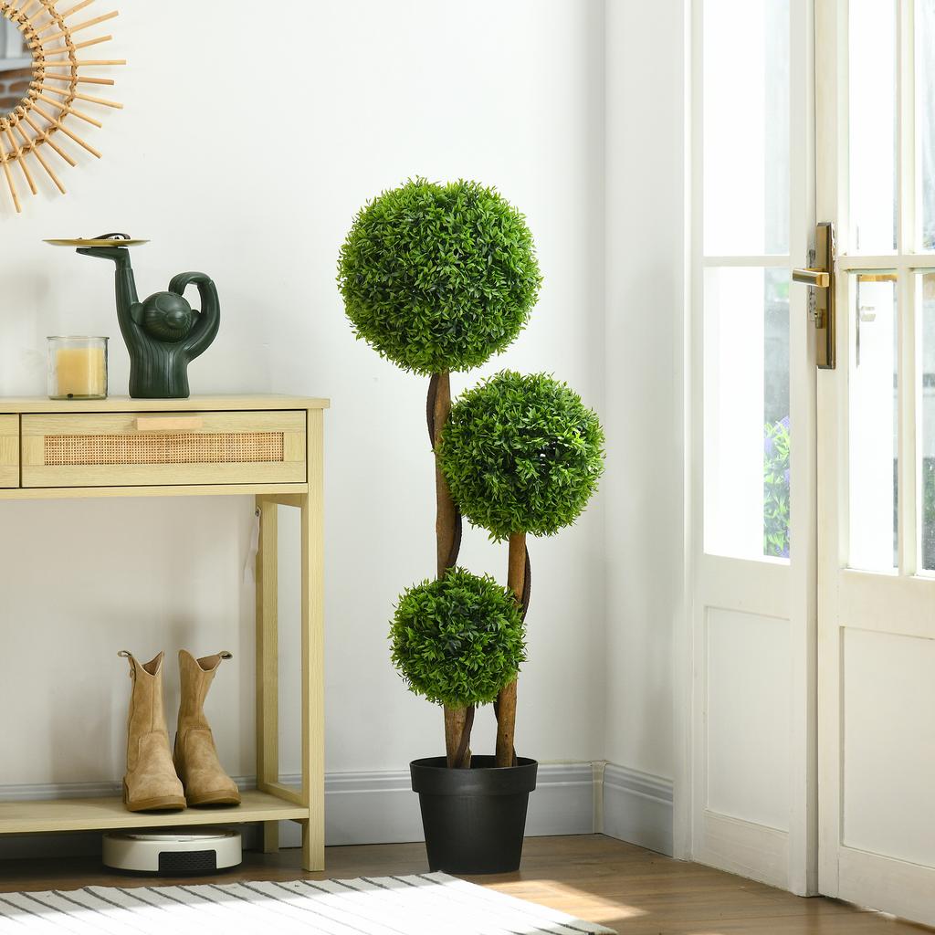 Artificial Boxwood Large 110cm, UV-Resistant Artificial Plant with 3 Balls for Living Room Bedroom Office Garden