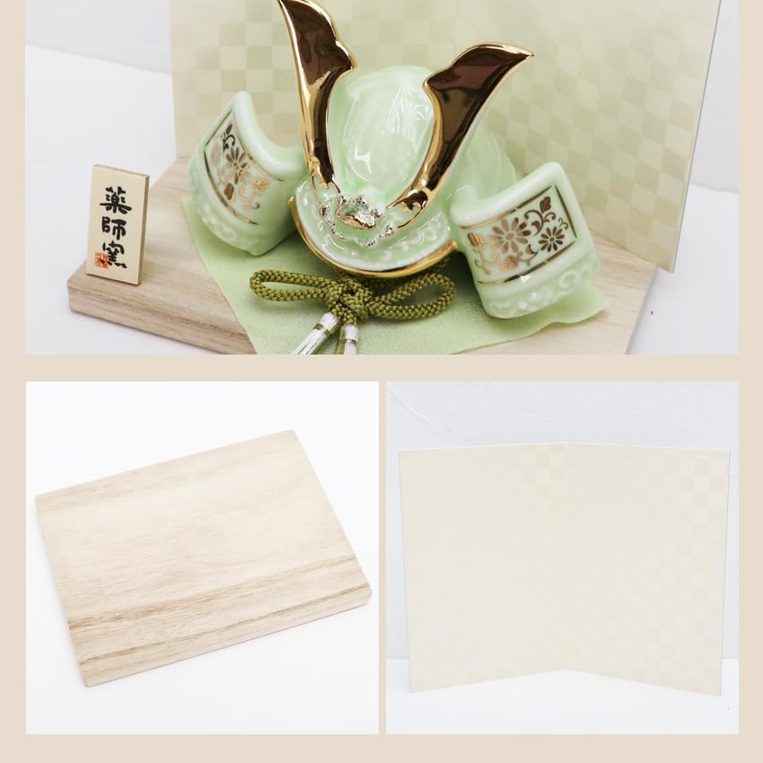 Osaka Choseido May Doll, Compact Miniature Ceramic, Personalized Wooden Tag Included (Sent Separately), Dyed Painting of Success Helmet (Light Green)
