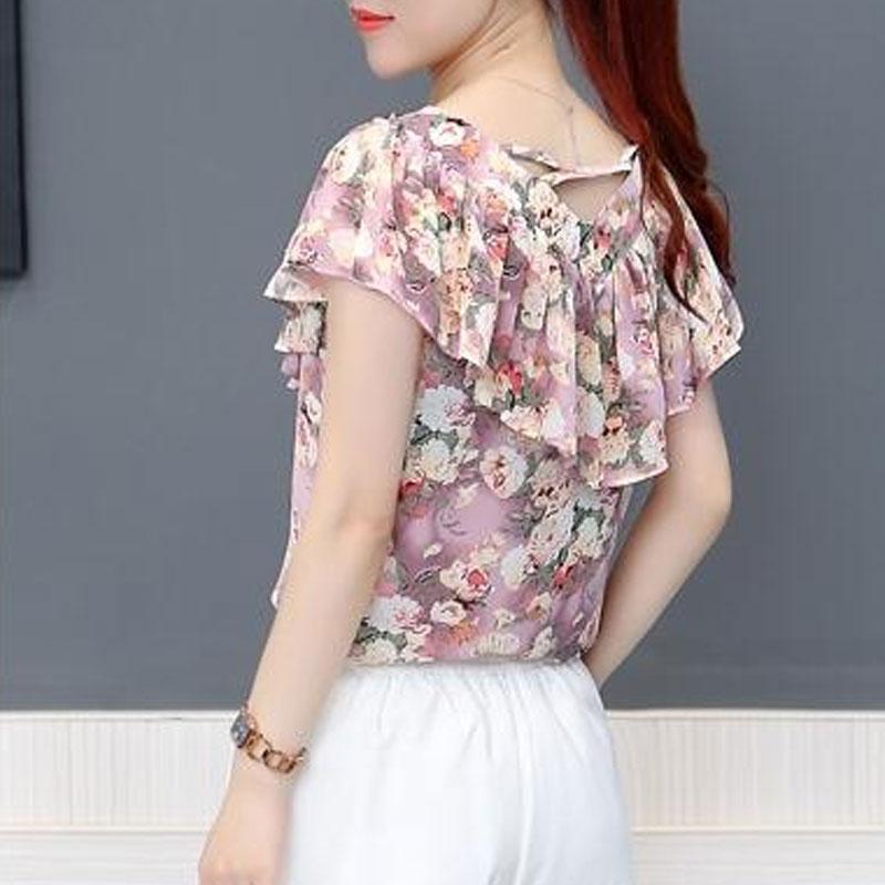 Office Lady Floral Printed Blouse Summer Straight Elegant V-Neck Women's Fashion Ruffles Spliced Short Sleeve Chiffon Shirt