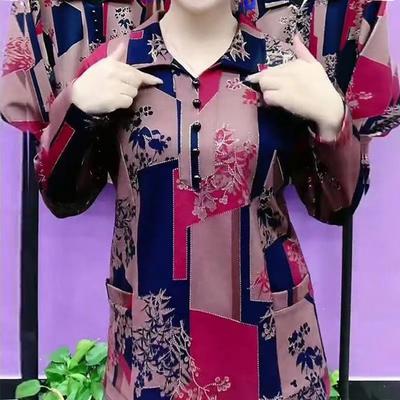 Women Shirt Lapel Buttons Half Placket Long Sleeve Tops with Pockets Geometric Printing Loose Fit Pullover