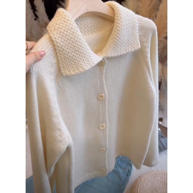 Lazy retro milk fu sweater jacket women's autumn and winter loose soft waxy lapel knitted cardigan art raw top