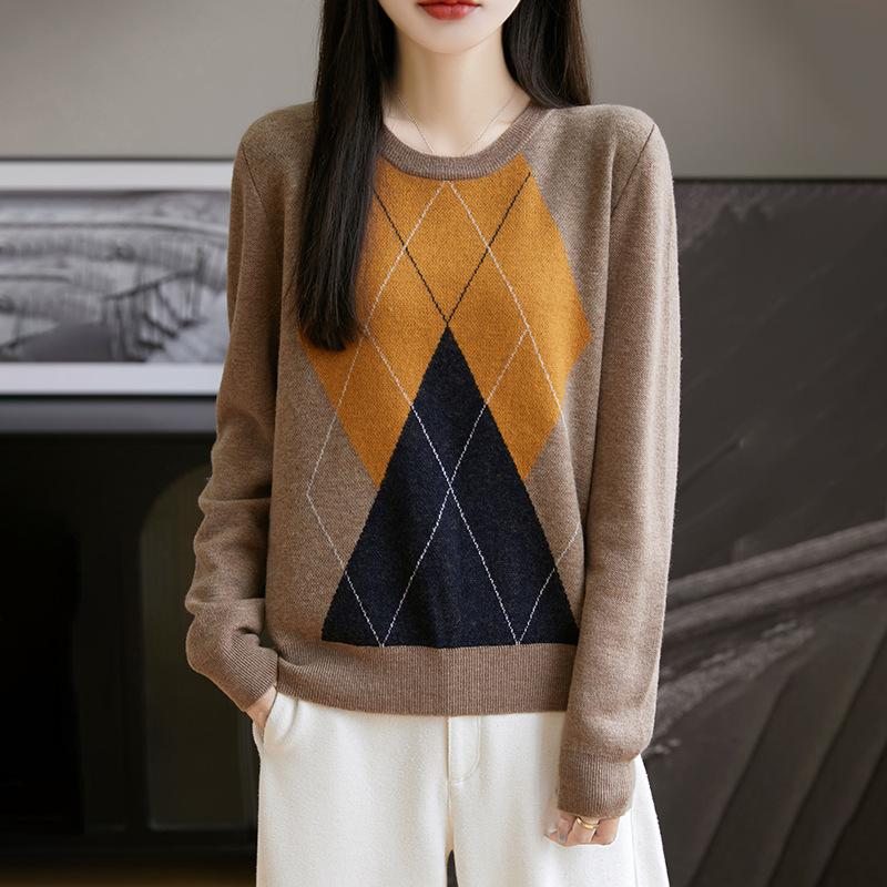 Rhombus Crew Neck Sweater Wool Sweater Knitted Sweater Bottoming Shirt Women'S Autumn And Winter New Inner Top Wool Sweater