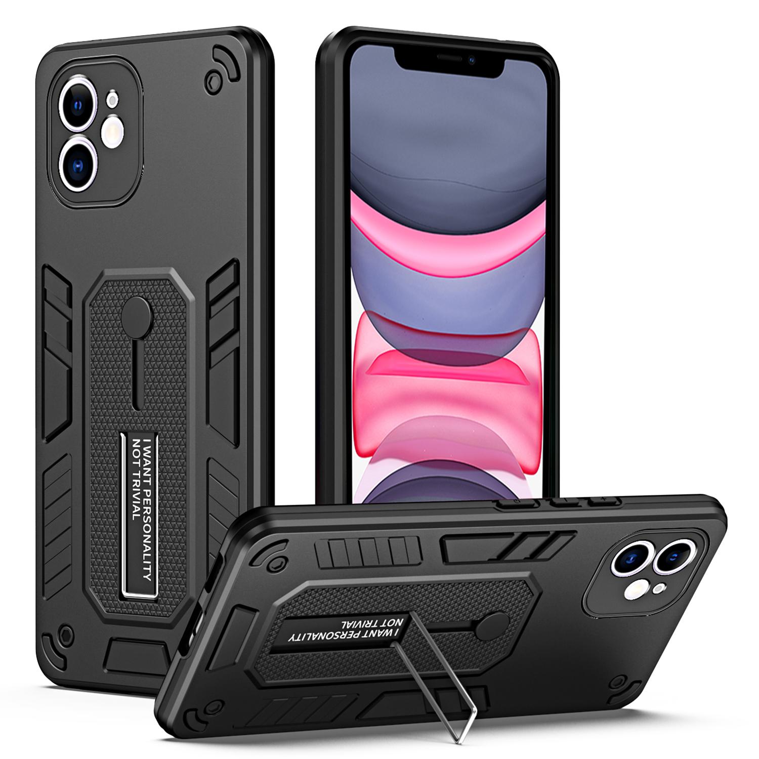 

Kickstand Cell Phone Case for iPhone 11 Ring Strap TPU+PC Shockproof Protective Phone Cover Black