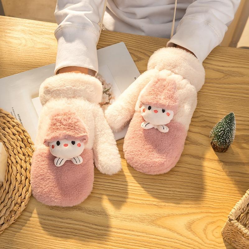 Winter outdoor cold-proof plush thickened warm gloves women's new casual neck cute plush full finger