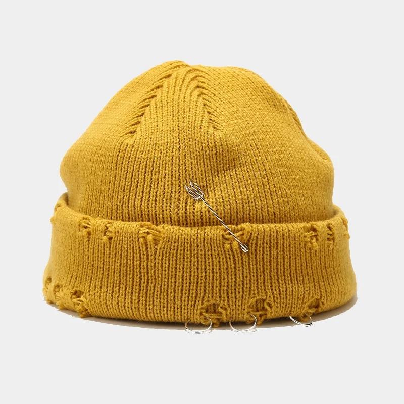 New Winter Harajuku Beanies Knitted Hat Women Fashion Warm Thick Men Hip Hop Pin Hole Skullcap Short Hat Unisex Basic Cap