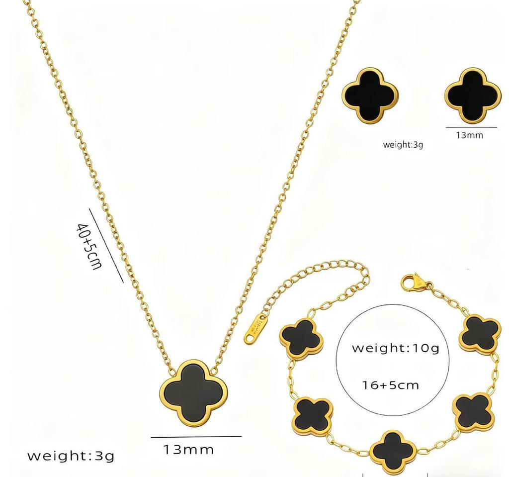 13mm Vierblättriges Kleeblatt Titanstahl Schmuckset: 18K Armband, Halskette, Ohrringe