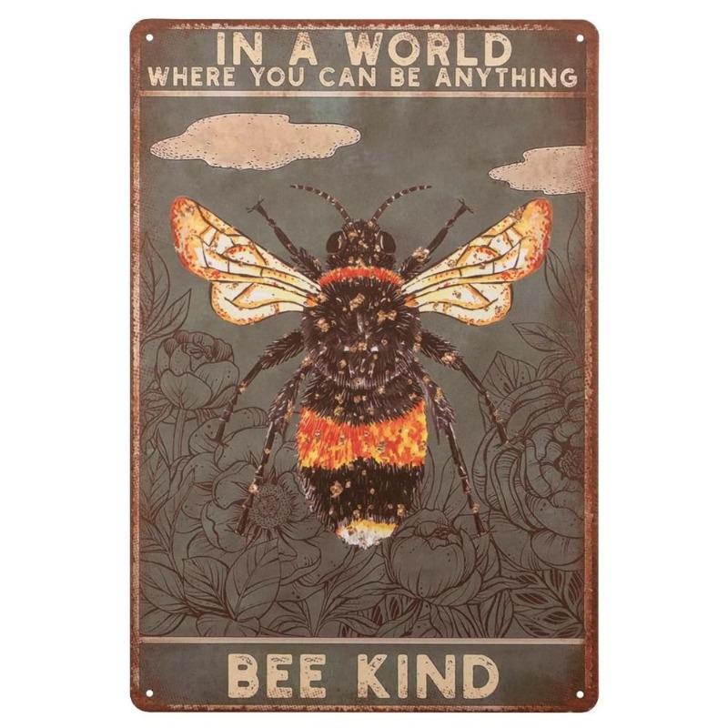 Bee Metal Wall Sign for Home Cafe Bar, Creative Tin Decor 30x20cm