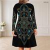 Women Plus Size V Neck Long Sleeve Purple Black Gem Printed Curved Hem Dress