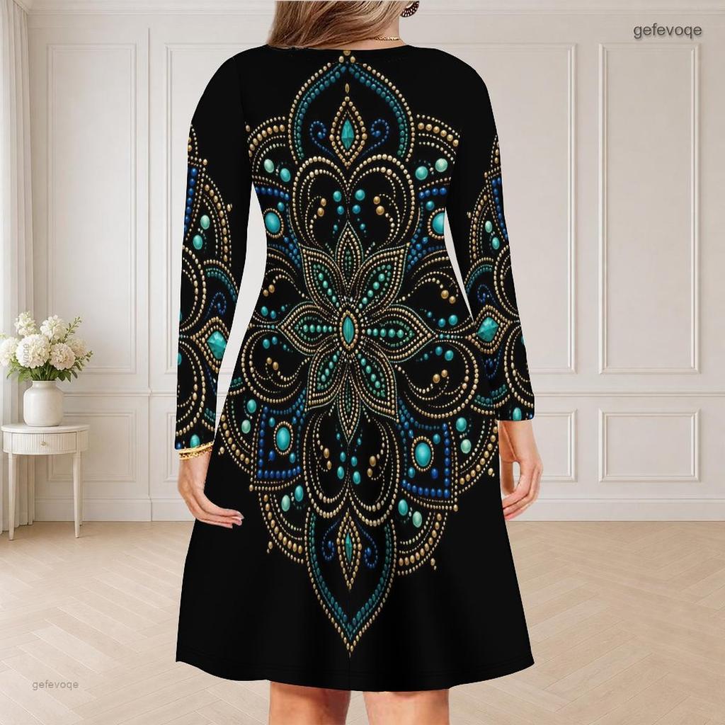 Women Plus Size V Neck Long Sleeve Purple Black Gem Printed Curved Hem Dress