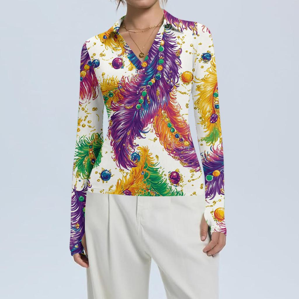 Women's Fashion Casual Print V-Neck Long Sleeve Button-Down Top