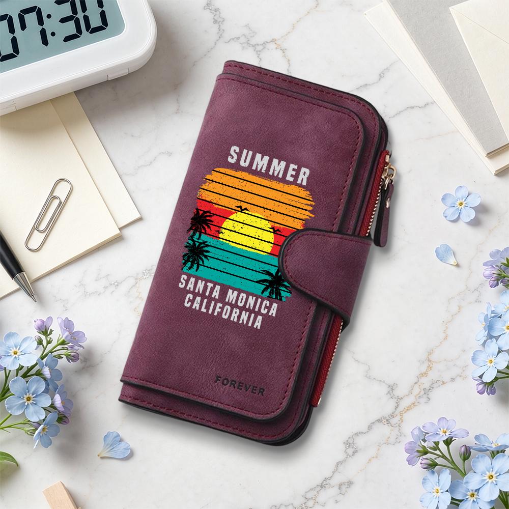 Women Retro Summer Sunset Pattern Long Wallet Large Capacity Card Holder Purse