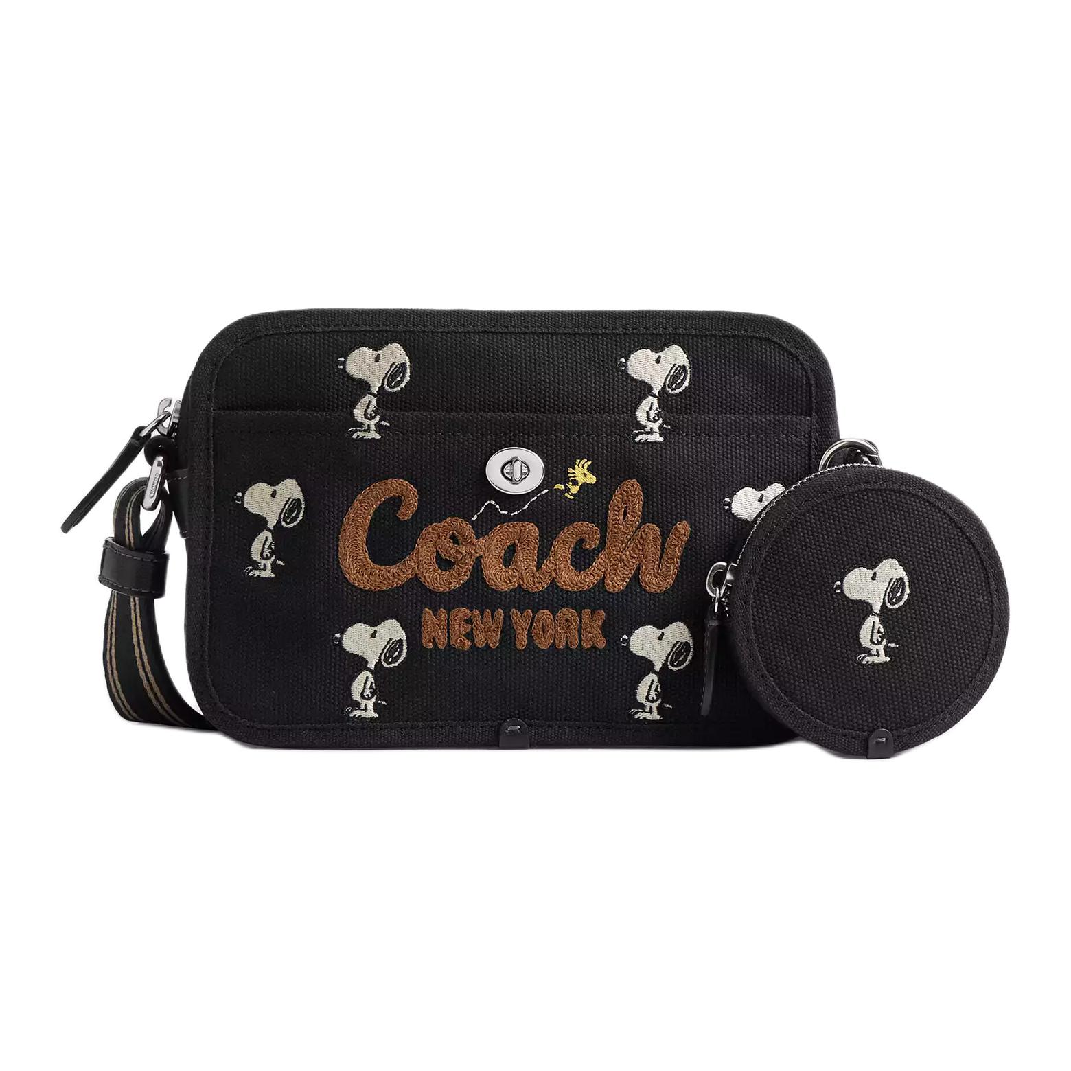 

Coach X Peanuts Collaboration Removable Adjustable Shoulder Strap Snoopy Print Canvas And Twill Camera Bag Women Shoulder Bag Black CBI82-LHBLC Basic Set (Bag+Dust Bag)