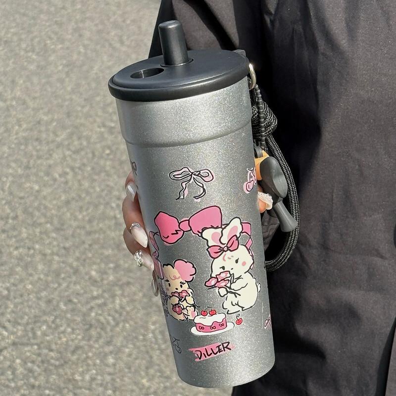 Dilebell Cute Portable Large Capacity Straw Thermos Mug