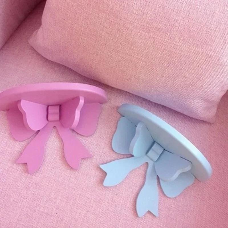 Wooden Decorative Shelves Girls' Room Organizer Holder Pink Wall Shelf Decor Frame Bows Decoration Wooden Storage Rack