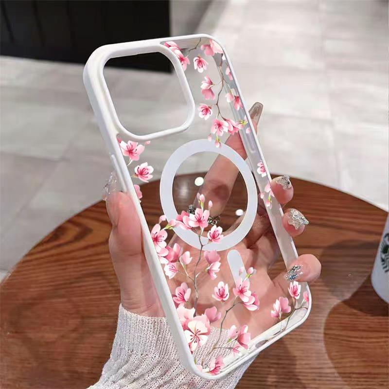 Pink Cherry Elegant Floral Background Design Magnetic Phone Case For iPhone 17 16 15 14 13 12 Pro Max 11 16 Plus 16E 17Air Cover