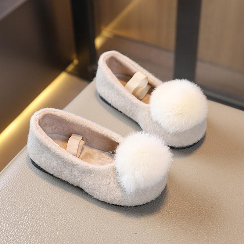 Winter Kids Causal Moccasin Girls Plush Shoes Soft Hairball Children's Fashion Princess Flat Shoes Warm Furry Hairy
