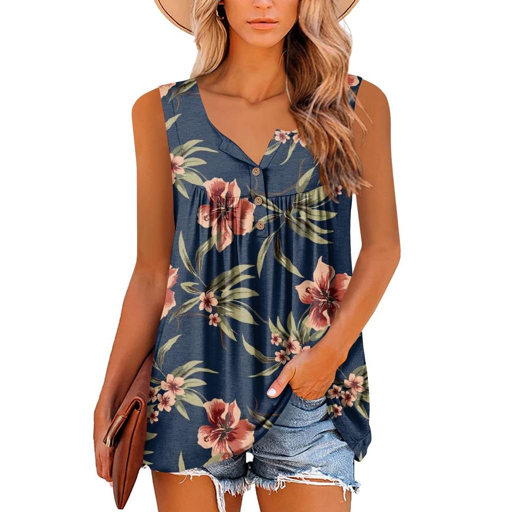 Women's Fashion Floral Printing Pleated Sleeveless Casual T-shirt Vest Button Top