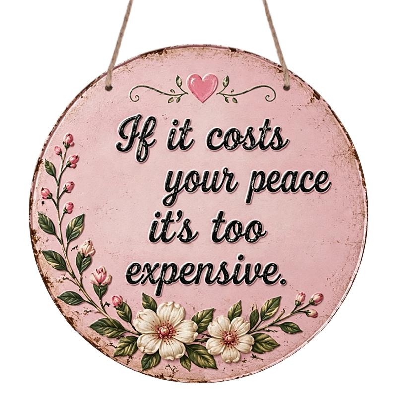 2D Flat, 1pc Round Aluminum Hanging Sign - Inspirational Floral Decor, Decorative Signs, "If It Costs Your Peace It'S Too Expensive" Pink Flower