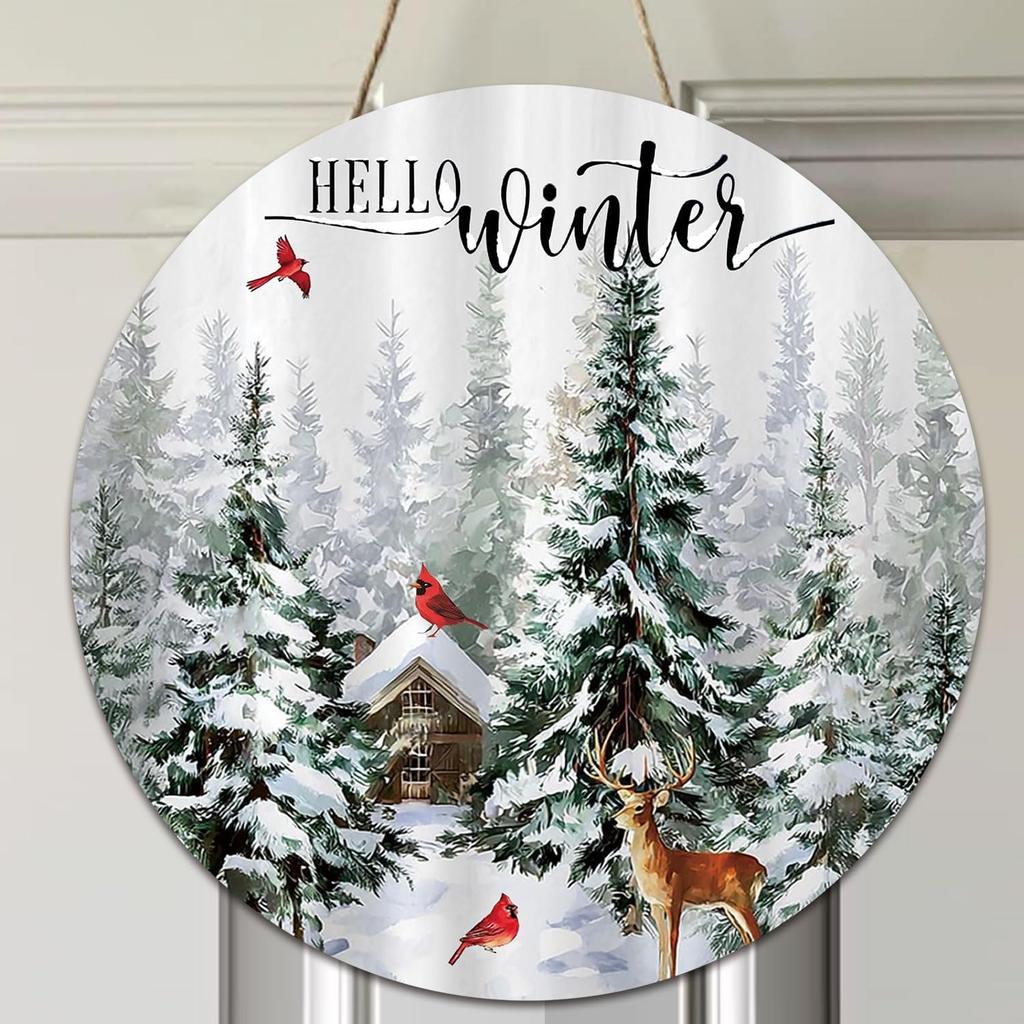 Winter Wreaths for Front Door, Winter Door Decorations Wall Decor, January Wreaths 12 Inch, Hello Winter Door Sign Door Hanger, Rustic Natural