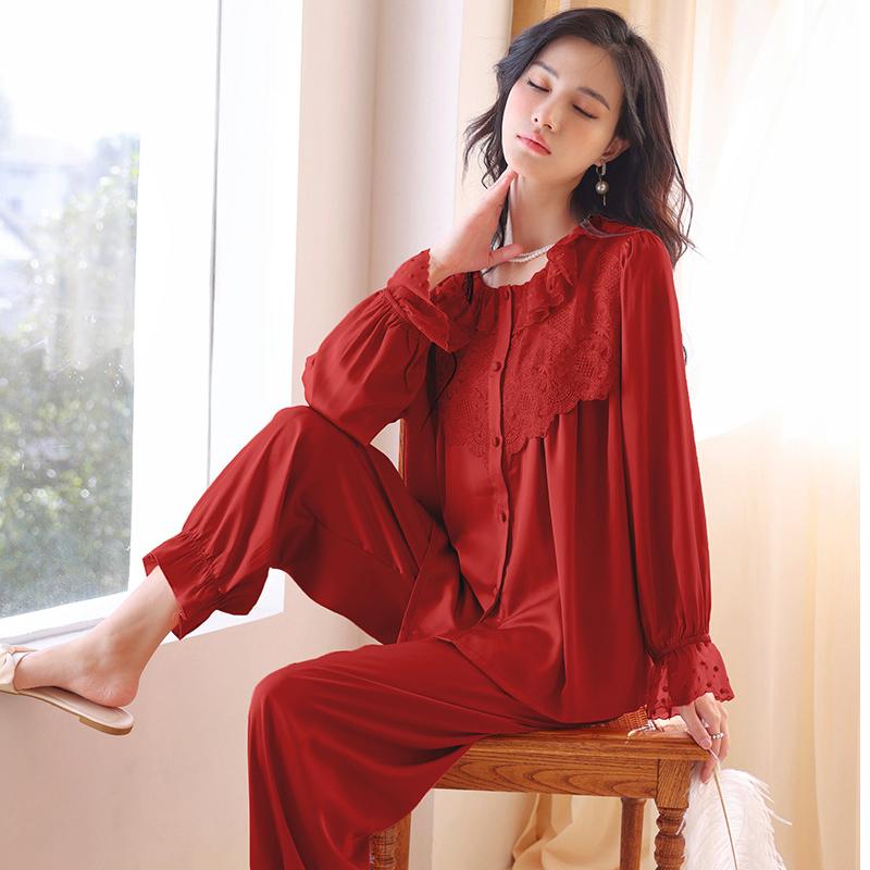 Pajamas Women's Spring Summer  Princess Style Long Sleeve Home Clothes Thin Suit Outer Wearing Spring and Autumn Wear