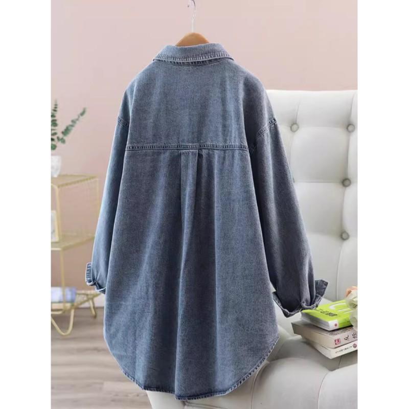 Women's Loose Long Sleeve Casual Denim Shirt Single Button Polo Collar Blouse