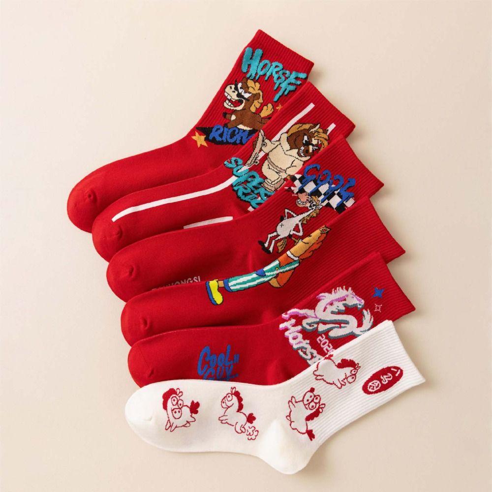 Cartoon Year of The Horse Socks Letter Zodiac Year Socks Cute New Year Tube Socks  Women
