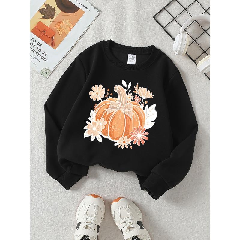 Girls Halloween Crew Neck SweatshirtAutumn Pumpkin Floral Print Design, Fun Print Kids Autumn Clothing