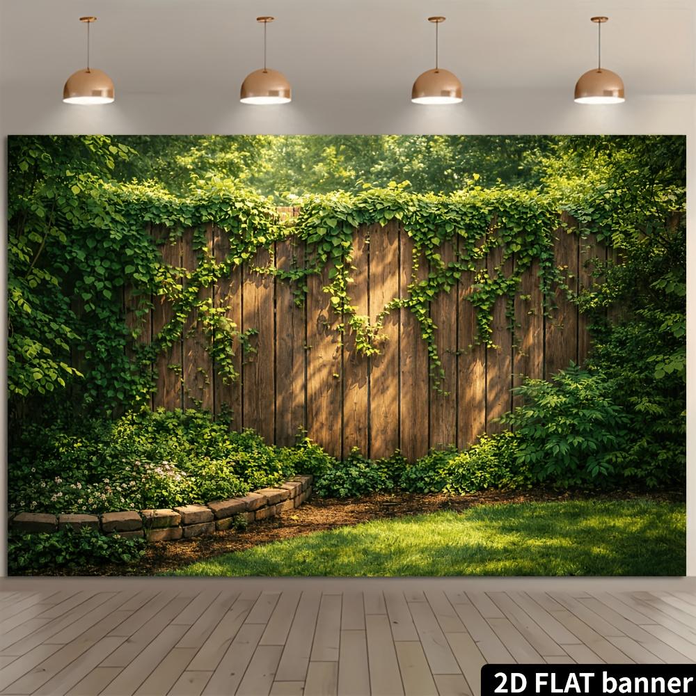 2D Planar Courtyard Landscape Banner Background Featuring Wooden Fences and Green Plants with Both Indoor and Outdoor Scenes
