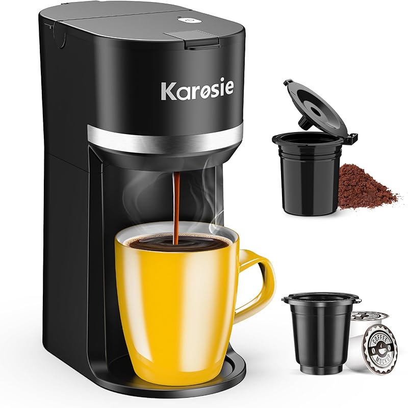 Кофемашина для одной порции, для капсул K-Cup и молотого кофе, Быстрое приготовление, Размеры порций 6-12 унций, Кофемашина на одну чашку, подходит для кружек высотой 5,5 дюймов, Маленькая кофемашина с одной кнопкой 9.45 Inches