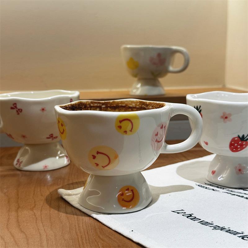 Fruit Printed Ceramic High Footed Cup, Korean Style Handmade Hand-painted Coffee Cup, Vintage Snack Cup, Dessert Ice Cream Cup 250ml