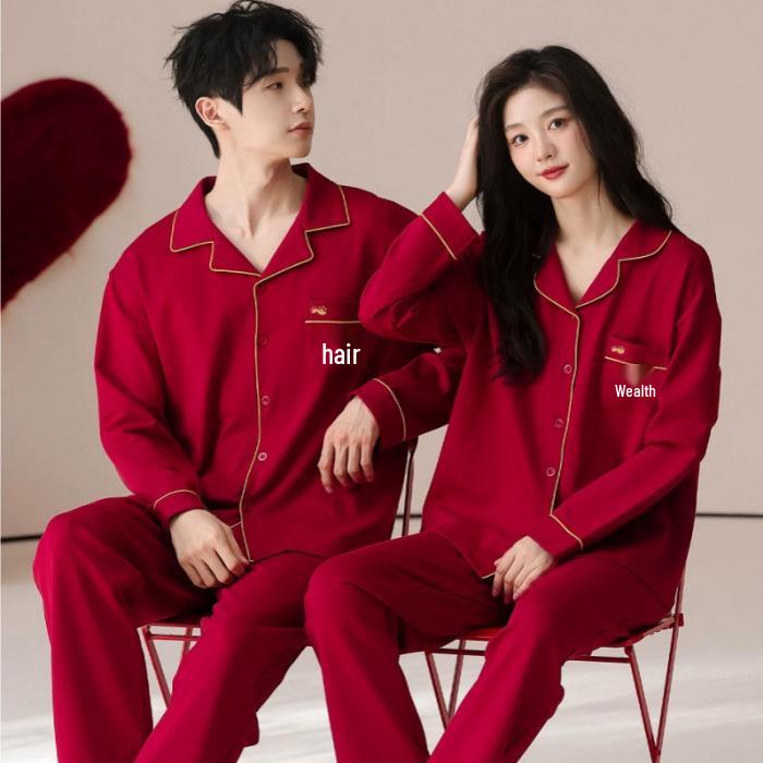 2026 Lunar New Year Red Dragon Pajama Set: Long Pants, Long Sleeves, Lapel Cardigan for Couples & Newlyweds