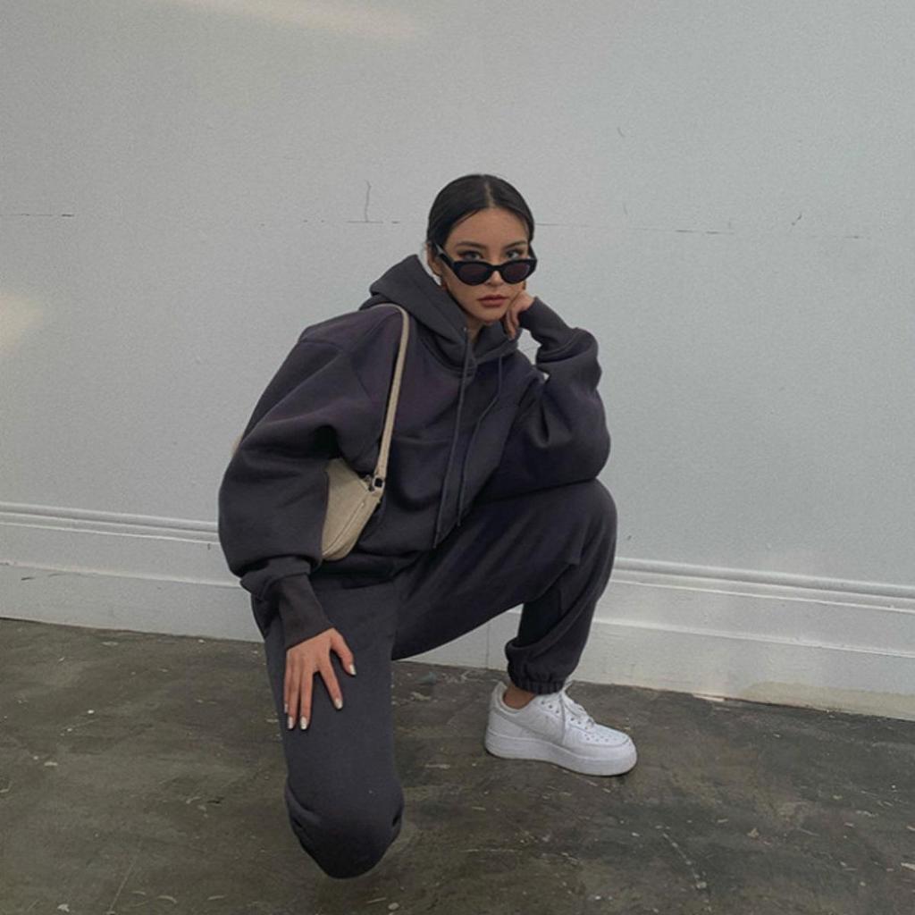 Women Solid Color Long Sleeve Hooded V Neck Hoodies Suit Autumn Winter Loose Top Wide Leg Pants