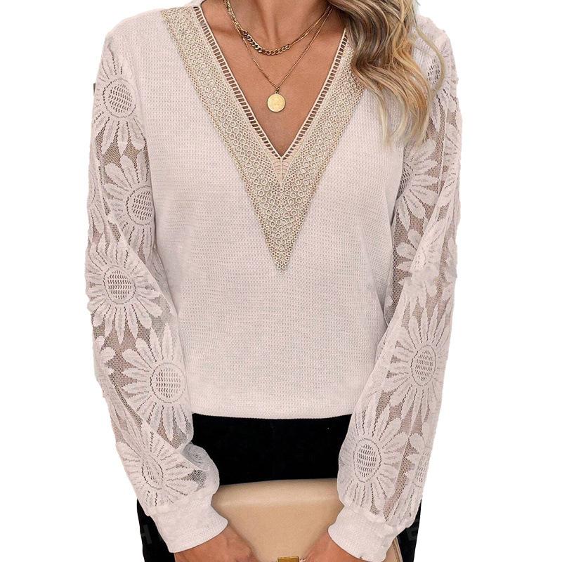 Stylowa koronkowa wydrążona koszula z łatkami damska z dekoltem w serek i długim rękawem, wiosenno-jesienna, jednokolorowa bluzka